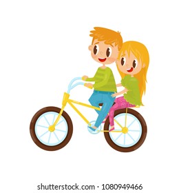 Cute girl and boy riding on bicycle. Brother and sister having fun together. Cheerful little kids. Happy childhood. Flat vector design