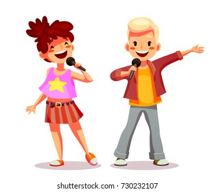 Cute Mädchen und Junge singen in ein Mikrofon. Kinder nehmen am Wettbewerb der Sänger teil, singen Karaoke oder treten im Konzert auf. Op-Stern. Ein lustiger Cartoon-Charakter. Einzeln auf Weiß. Vektorgrafik 