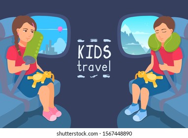 A cute girl and a boy sit in a transportation chair with a safety belt and a travel neck pillow. Comfortable journey. Landscape view in the window. Vector cartoon illustration.