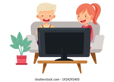 Cute Girl And Boy Sitting With Gamepad On Sofa And Playing Video Game Vector Illustration