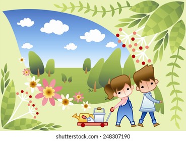 Cute Girl and Boy in spring time on green background : vector illustration