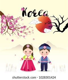 Cute girl and boy standing under sukura tree in Korean traditional costume with sun and mountain,cartoon style for happy new year card, festival, banner, printing,spring background.vector illustration