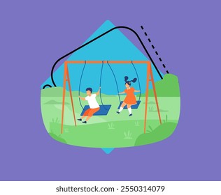 Menina bonito e menino balançando e desfrutando férias isolado vetor plano ilustração. Cartoon amigos felizes jogando no playground. Acampamento natural e conceito de fim de semana