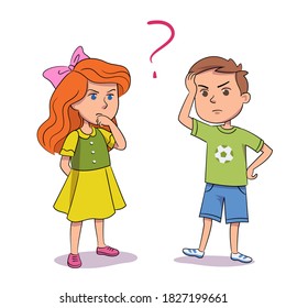 Cute girl and boy thinking, question marks sign above heads. Vector character illustration of children gestures, emotions, types of moods