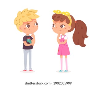 Cute girl and boy thinking, question marks sign above heads. Vector character illustration of children gestures, emotions, types of moods