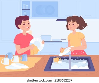 Cute Girl And Boy Washing Dishes In Kitchen. Cartoon Kids Cleaning Plates With Sponge And Cloth, Children Helping With Housework Flat Vector Illustration. Household, Childhood Concept For Banner