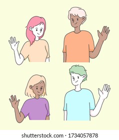 Cute girl and boy waving hand a greeting people illustration 