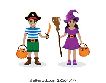 Linda chica y niño en bruja y pirata disfraces de halloween Ilustración vectorial. Niños con disfraces de halloween sosteniendo el Vector del conjunto de iconos de cubos de calabaza. Feliz Halloween niños de dibujos animados