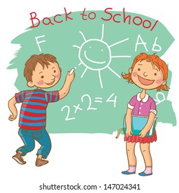 Cute Girl and Boy writing in chalkboard. School children. School activities. Back to School isolated objects on white background. Great illustration for a school books and more. VECTOR.