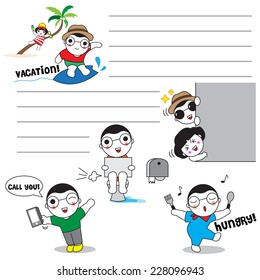 Cute girl and boys' daily life expressions paper note