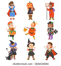Cute Girl and Boys in Halloween Costumes Set, Little Child Dressed as Pumpkin, Vampire, Superhero, Witch, Happy Halloween Party Festival with Kids Trick or Treating Vector Illustration