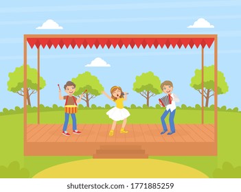 Cute Girl and Boys Playing Musical Instruments and Singing on Stage Outdoors, Talented Young Musicians Performing at Concert or Music Festival Vector Illustration