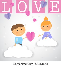 Cute girl and boy,valentines day.Boy giving heart-vector illustration,isolated on gray background.Love text letter pink color.For web site, greeting card, postcard, backdrop, poster and wallpaper