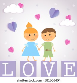 Cute girl and boy,valentines day.Kids hold hand-vector illustration,isolated on gray background.Love text letter violet color.For web site, greeting card, postcard, backdrop, poster and wallpaper