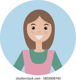 A cute girl with braces on her teeth is happy with a healthy smile.  Banner for advertising children's dental clinic. Dental care - orthodontic treatment and straightening of teeth. Flat vector