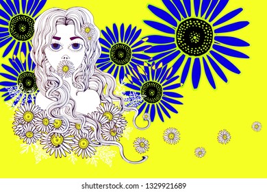 cute girl with braid and flowers. antistress coloring. girl power