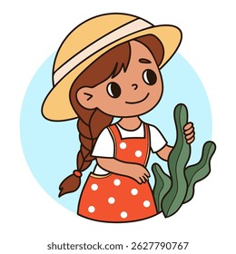Linda chica con trenza en el sombrero. Jardinería infantil agricultor con planta. Dibujo a mano de color. Ilustración vectorial
