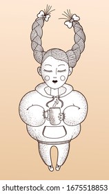Cute girl with braids wearing warm hoodie holding a mug of hot beverage: coffee, tea or cocoa. Hand drawn vector illustration