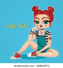 Cute girl. Bright and cheerful illustration. Funny isolated print . Children's postcards and invitation for holiday. Color vector background. Youth comic style. Trendy poster with young woman