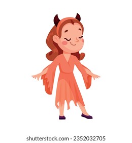 Cute Girl in Bright Halloween Devil Costume Celebrate Holiday Vector Illustration