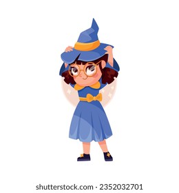 Cute Girl in Bright Halloween Witch Costume Celebrate Holiday Vector Illustration