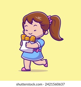 Cute Girl Bring Bread Cartoon Vector Ilustración Icono. Vector Premium Aislado De Icono De Comida De Gente. Estilo de dibujo plano