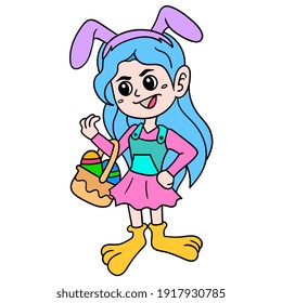 cute girl bring egg celebrate easter moment, doodle draw kawaii. vector illustration art