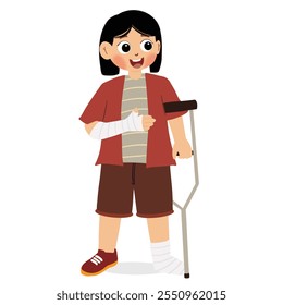 cute girl with broken arm in flat design on white background. Injured child with bandage arm. a cast on his arm due to an accident