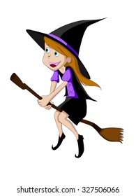 Cute girl with broom.In halloween night,She was wearing a witch flying around the city.