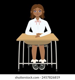 Cute girl with brown hair sitting at a school desk in school class On black background. Back to school edition. Flat vector