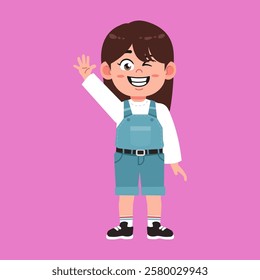 Cute Girl with Brown Long Hair cartoon say Hi and wave hand suitable for education purpose