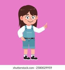 Cute Girl with Brown Long Hair cartoon pointing hand and explained suitable for education purpose