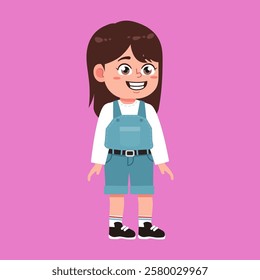 Cute Girl with Brown Long Hair cartoon standing and smile suitable for education purpose