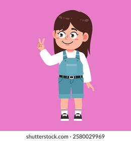 Cute Girl with Brown Long Hair cartoon peace and counting number two suitable for education purpose