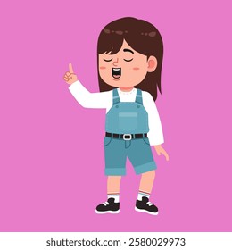 Cute Girl with Brown Long Hair cartoon explain and pointing hand gesture suitable for education purpose