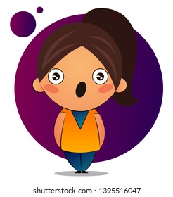 Cute girl with brown ponytail is surprised, illustration, vector on white background.