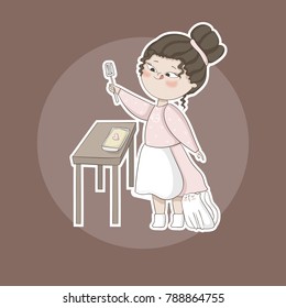 Cute girl with brown wavy hair and her white cat cook dinner. Beautiful sticker