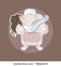 Cute girl with brown wavy hair holds a laptop on his lap and works. Her white cat lies next to her. Beautiful sticker