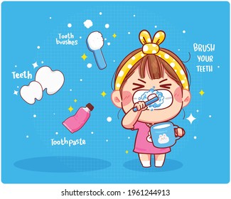 Cute girl brush clean teeth, Brush your teeth cartoon art illustration