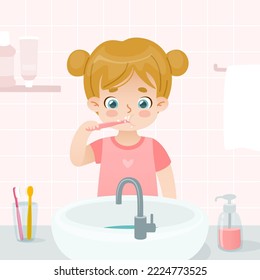 Cute girl brushes her teeth in the pink bathroom. Cartoon baby with toothbrush in front of the sink.