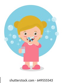 cute girl brushing her teeth, child caring for teeth, kid brushing her teethVector Illustration