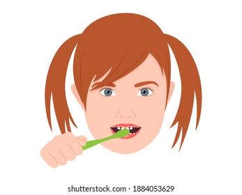 Cute girl brushing teeth, kids oral hygiene. Vector illustration.