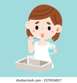 a cute girl brushing teeth on the blue background in flat vector style.