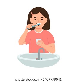 Chica linda cepillando dientes con pasta dental y sosteniendo un vaso de agua.  concepto de higiene bucal y procedimientos dentales.Ilustración vectorial