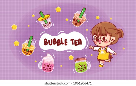 Cute girl   Bubble milk tea logo cartoon art illustration