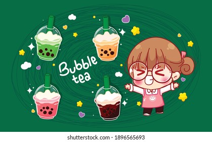 Cute Girl And Bubble Tea Cartoon Character Illustration