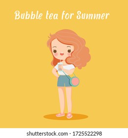 cute girl with bubble tea for summer time