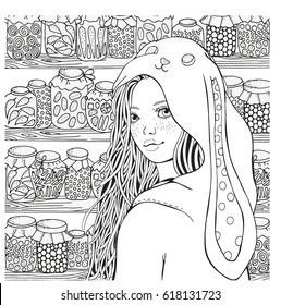 Cute girl in bunny costume. Coloring book page for adult. Black and white. Doodle, zentangle style.