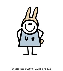 Cute girl in a bunny costume at an Easter party. Vector illustration of female stickman at the spring festival.