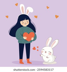 Cute Girl with Bunny Ears Giving a Heart for Easter
